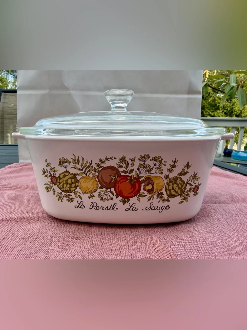 CorningWare White Casserole Dish with Red Tomato & Brown Herb Motif